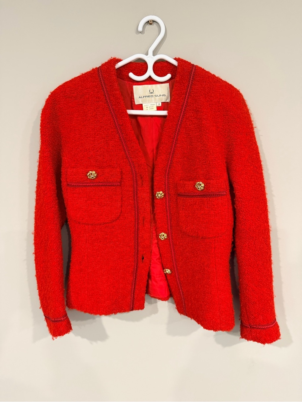Alfred Sung Red Bouclé Pocket Jacket Size 6